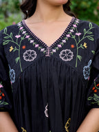 Floral Embroidered Puff Sleeve Pure Cotton Empire Dress