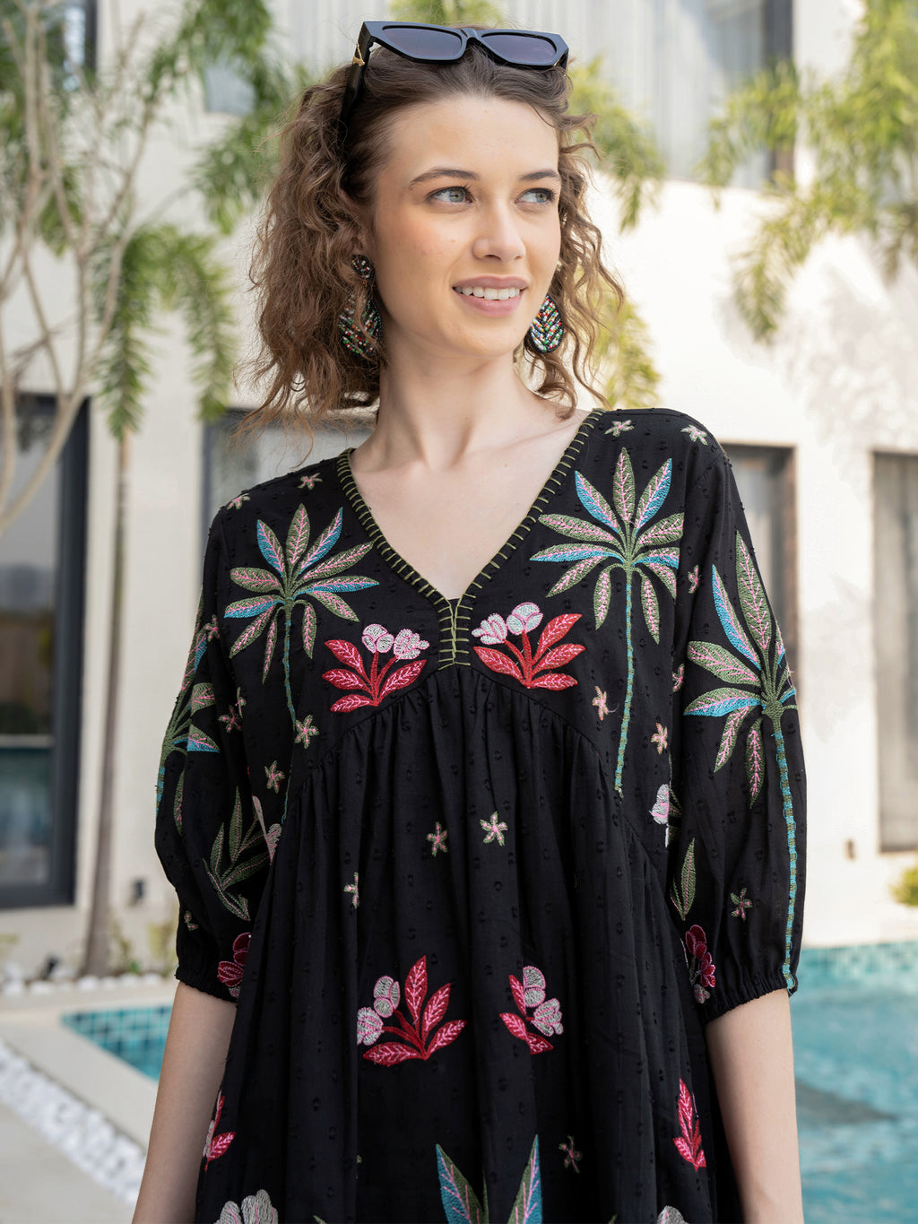 Cotton Embroidered  Puff Sleeve Short Dress