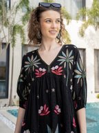 Cotton Embroidered  Puff Sleeve Short Dress