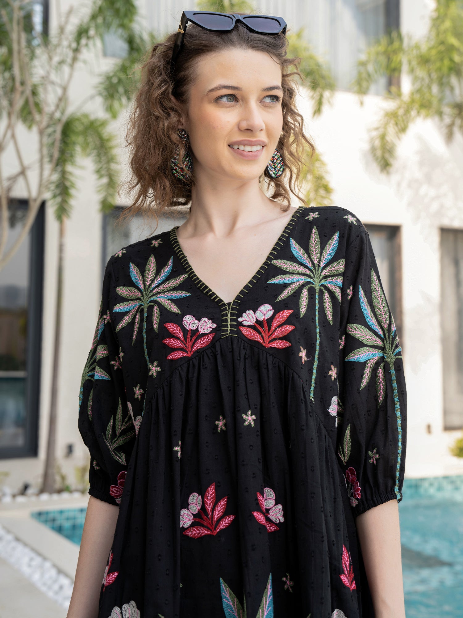 Cotton Embroidered  Puff Sleeve Short Dress