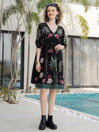 Cotton Embroidered  Puff Sleeve Short Dress