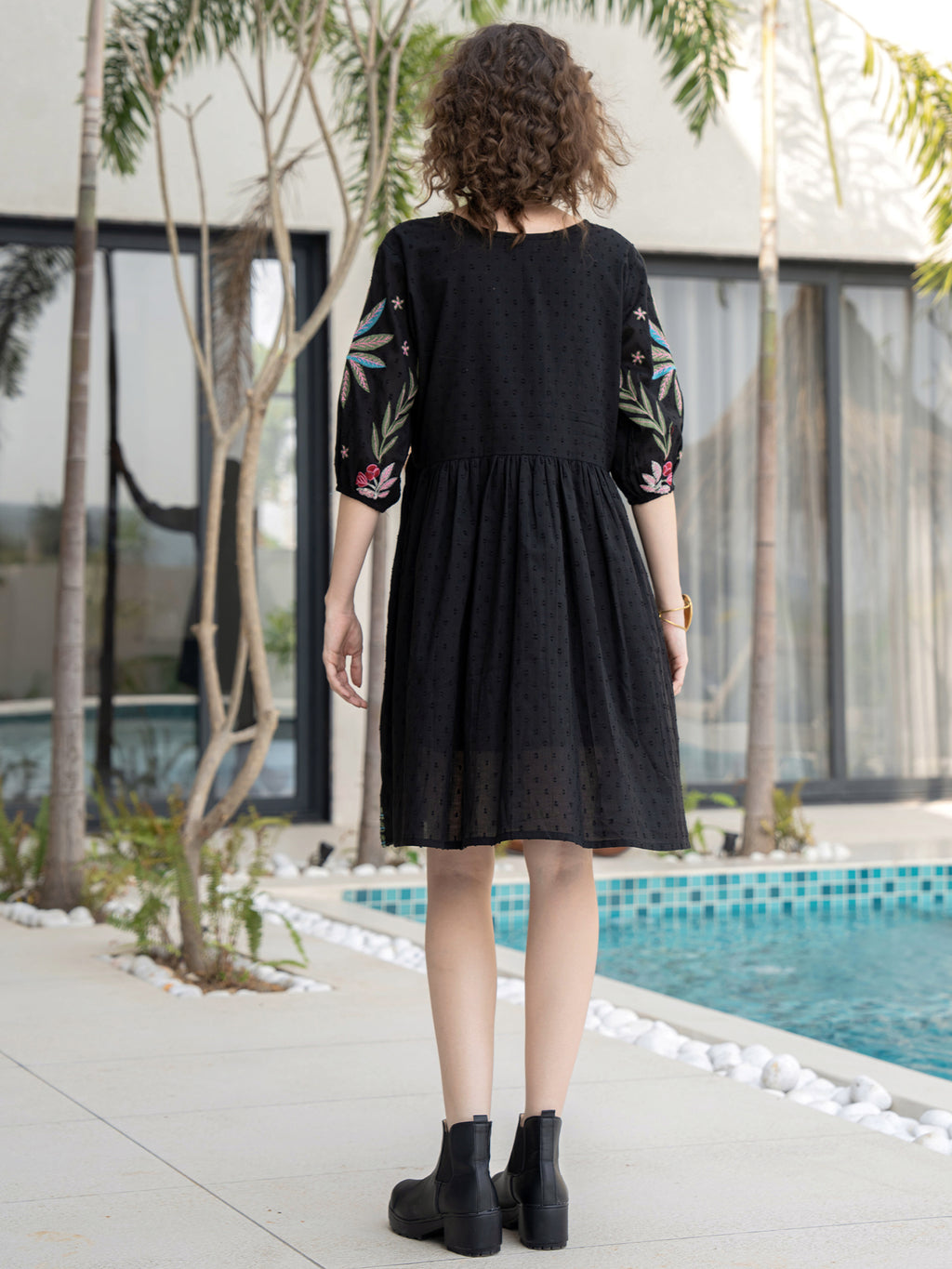 Cotton Embroidered  Puff Sleeve Short Dress