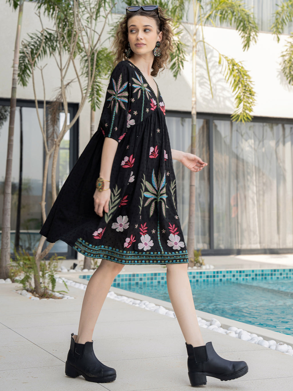 Cotton Embroidered  Puff Sleeve Short Dress