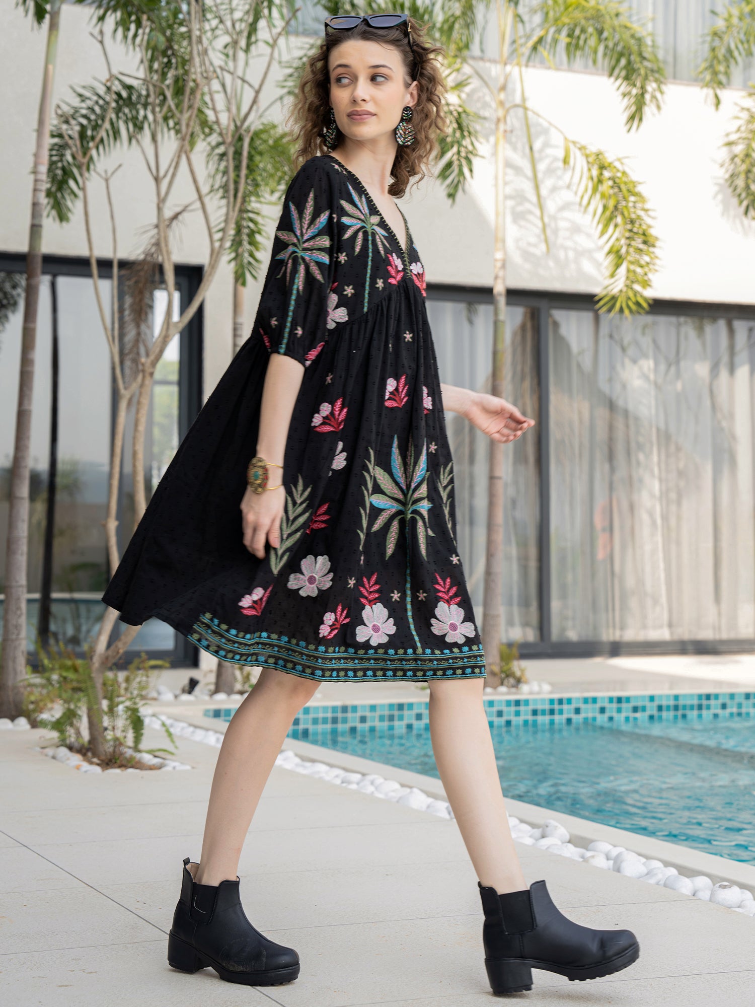 Cotton Embroidered  Puff Sleeve Short Dress