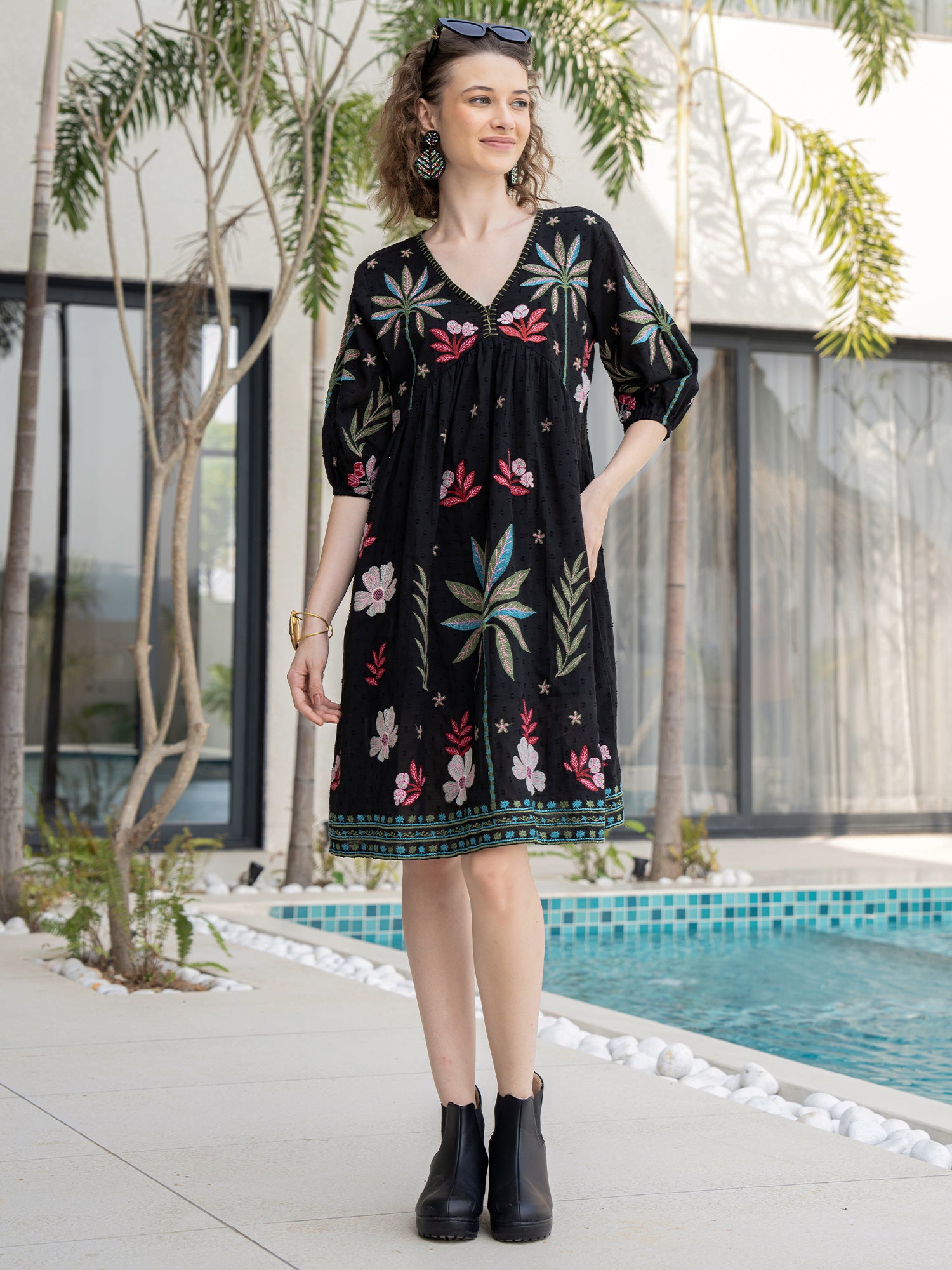Cotton Embroidered  Puff Sleeve Short Dress