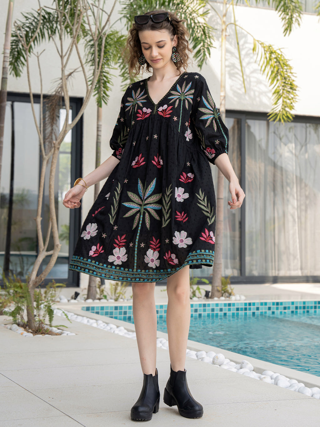 Cotton Embroidered  Puff Sleeve Short Dress