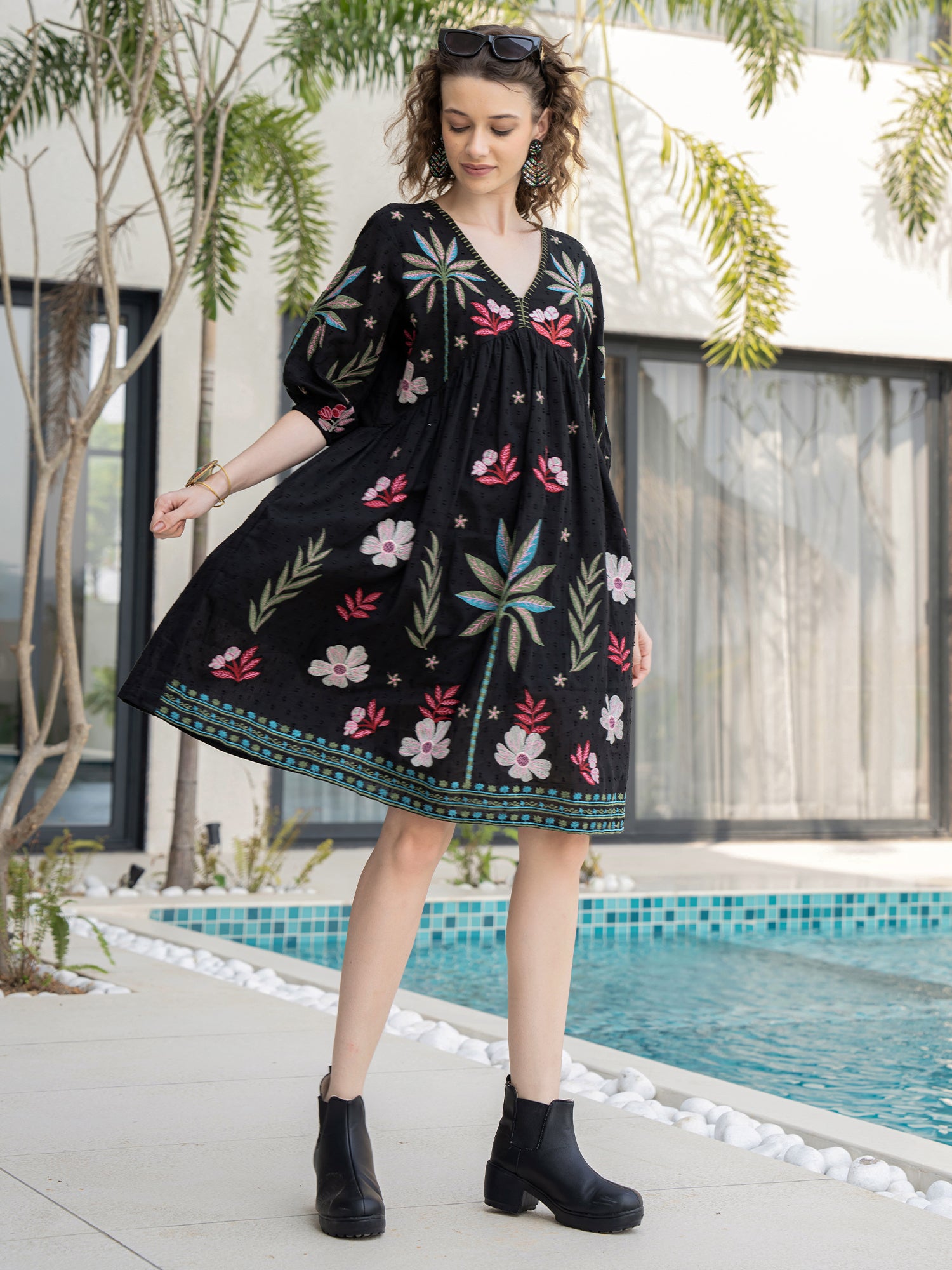 Cotton Embroidered  Puff Sleeve Short Dress