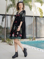 Cotton Embroidered  Puff Sleeve Short Dress