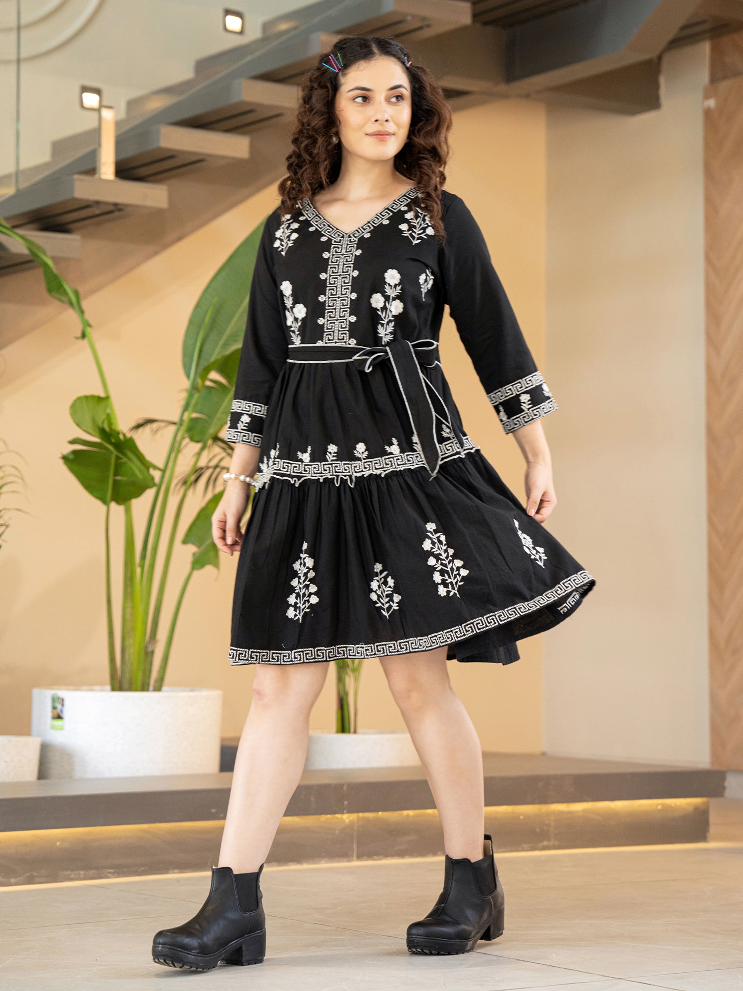 Black Embroidered Fit And Flare Short Dress