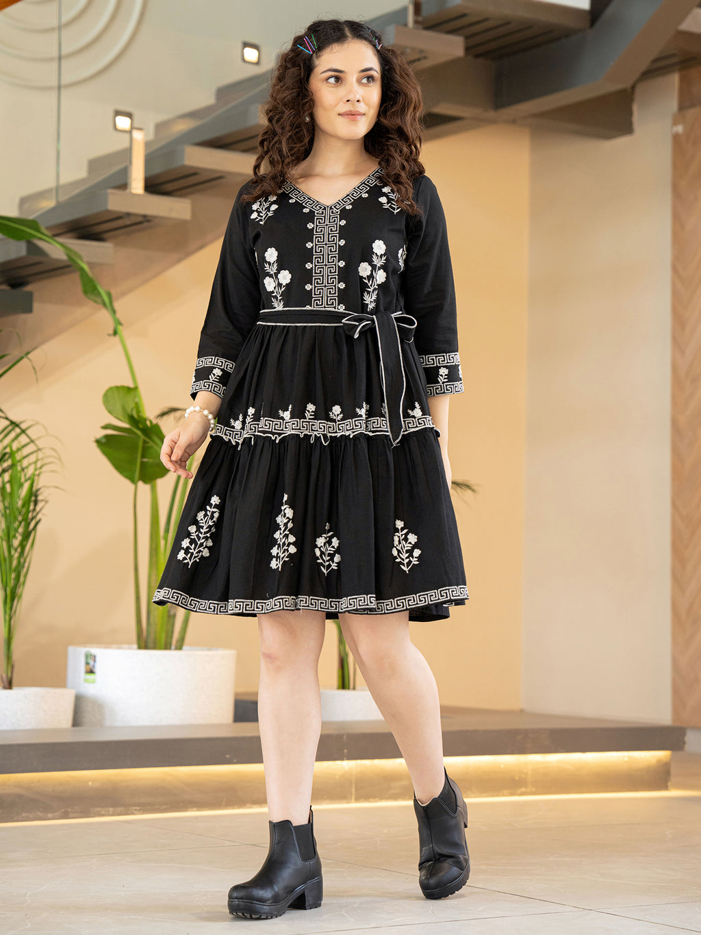 Black Embroidered Fit And Flare Short Dress