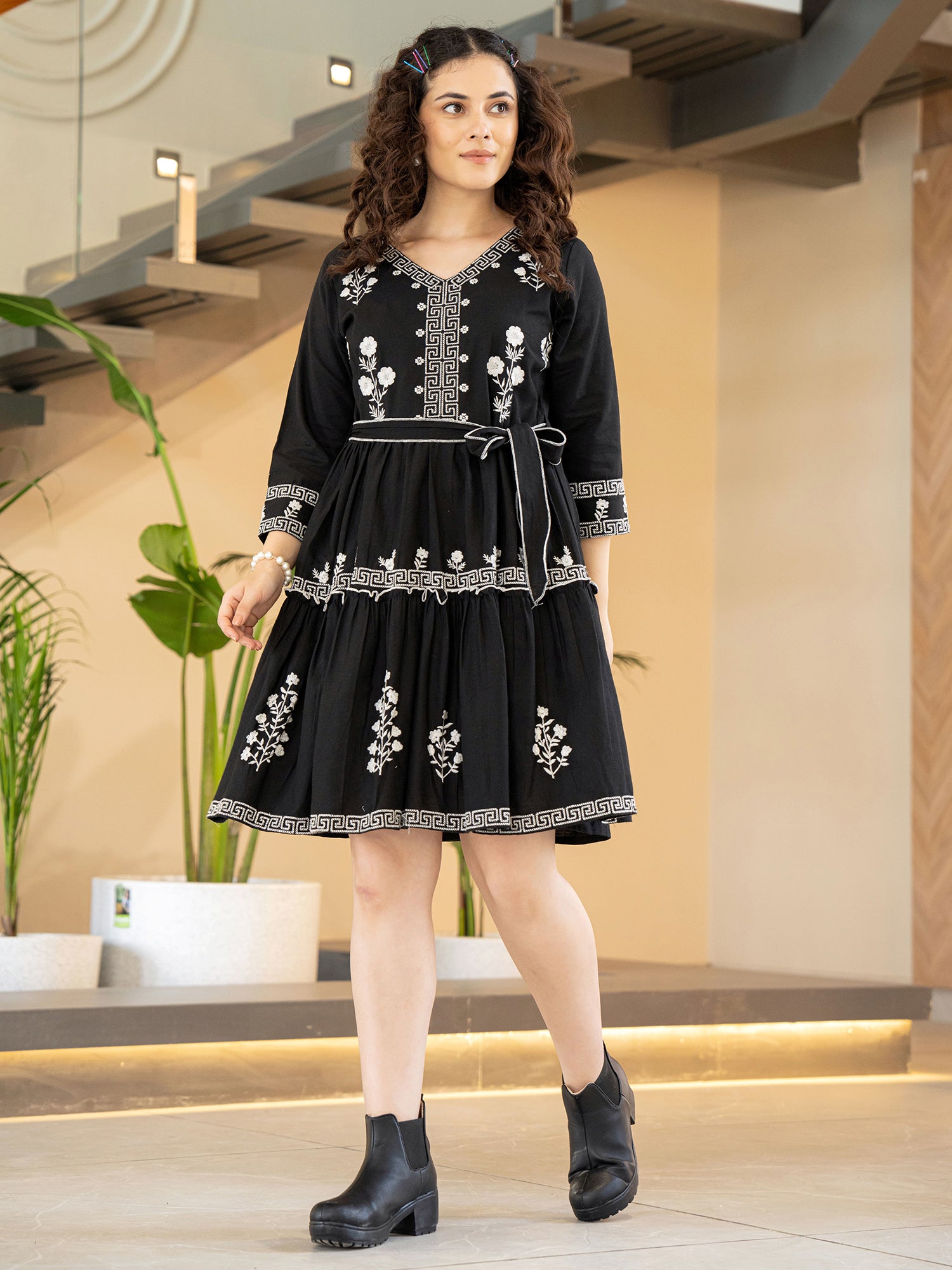 Black Embroidered Fit And Flare Short Dress