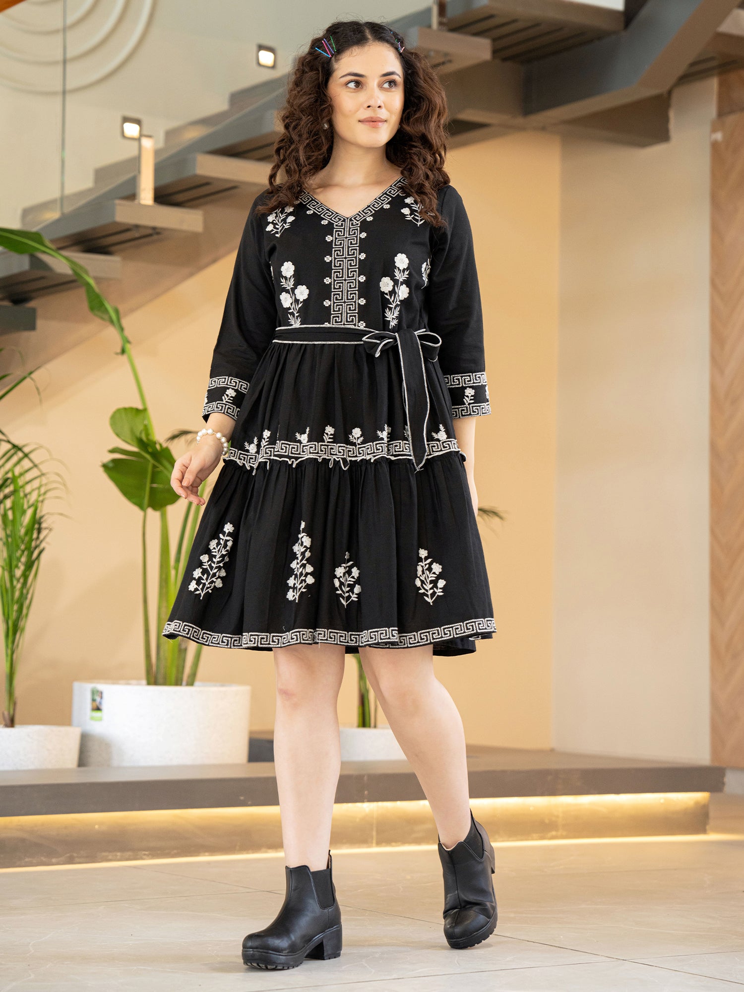 Black Embroidered Fit And Flare Short Dress