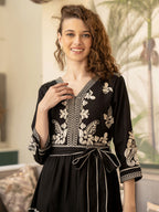 Black Embroidered Fit And Flare Short Dress