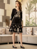 Black Embroidered Fit And Flare Short Dress