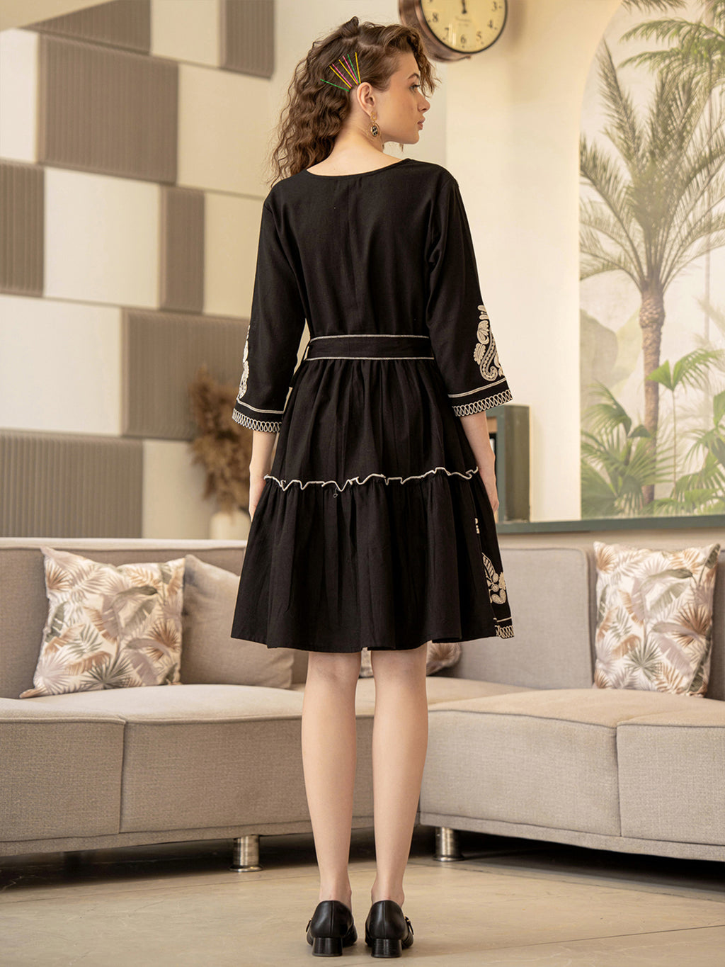 Black Embroidered Fit And Flare Short Dress