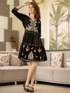 Black Embroidered Fit And Flare Short Dress