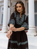 Cotton Black Embroidered Fit and Flare Short Dress