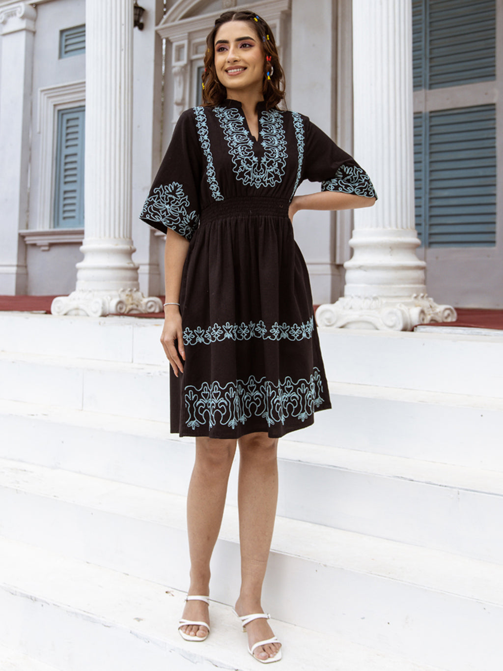 Cotton Black Embroidered Fit and Flare Short Dress