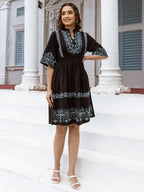 Cotton Black Embroidered Fit and Flare Short Dress
