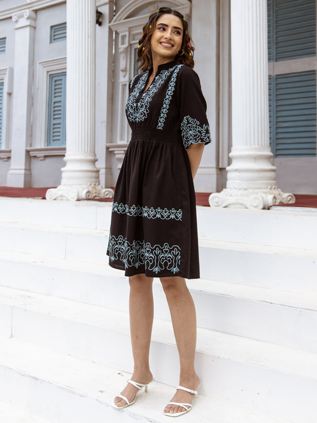 Cotton Black Embroidered Fit and Flare Short Dress
