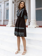 Cotton Black Embroidered Fit and Flare Short Dress