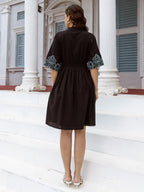 Cotton Black Embroidered Fit and Flare Short Dress