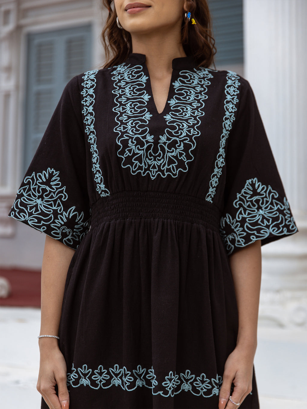 Cotton Black Embroidered Fit and Flare Short Dress