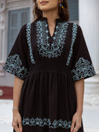 Cotton Black Embroidered Fit and Flare Short Dress