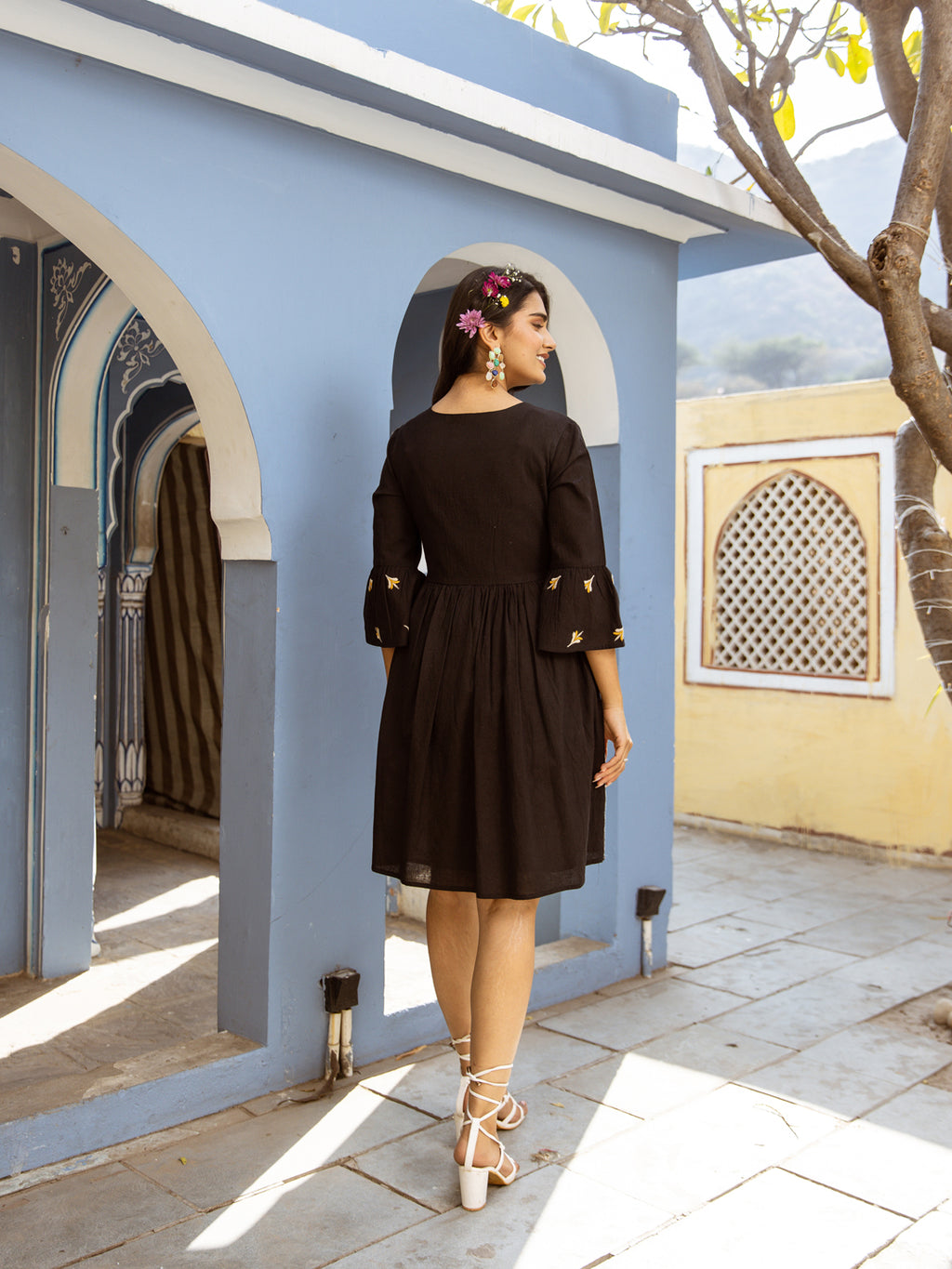 Cotton Black Embroidered Empire Short Dress