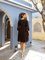 Cotton Black Embroidered Empire Short Dress