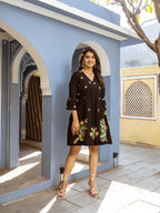 Cotton Black Embroidered Empire Short Dress