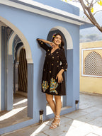 Cotton Black Embroidered Empire Short Dress