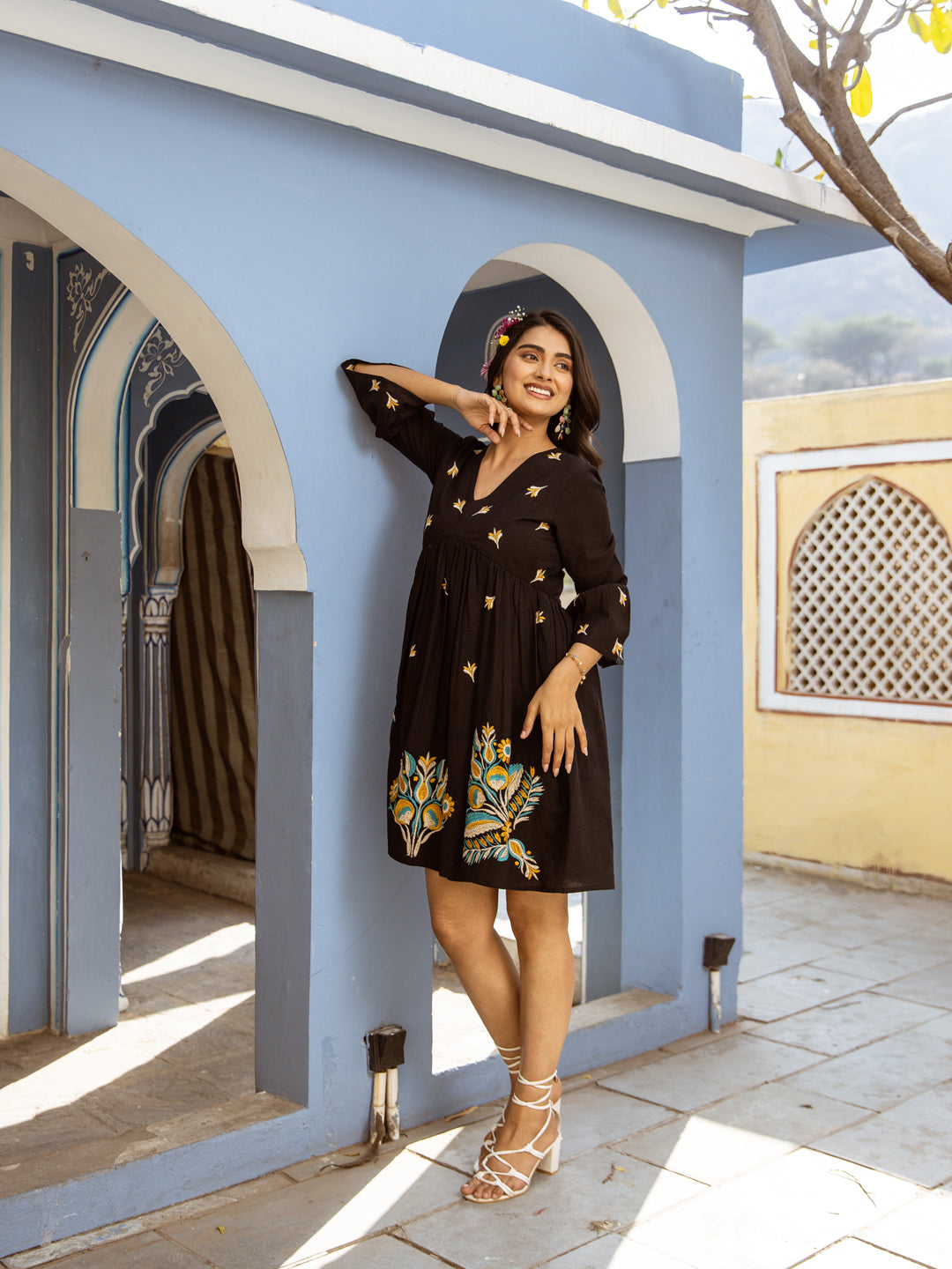 Cotton Black Embroidered Empire Short Dress