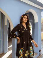 Cotton Black Embroidered Empire Short Dress