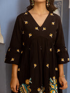 Cotton Black Embroidered Empire Short Dress