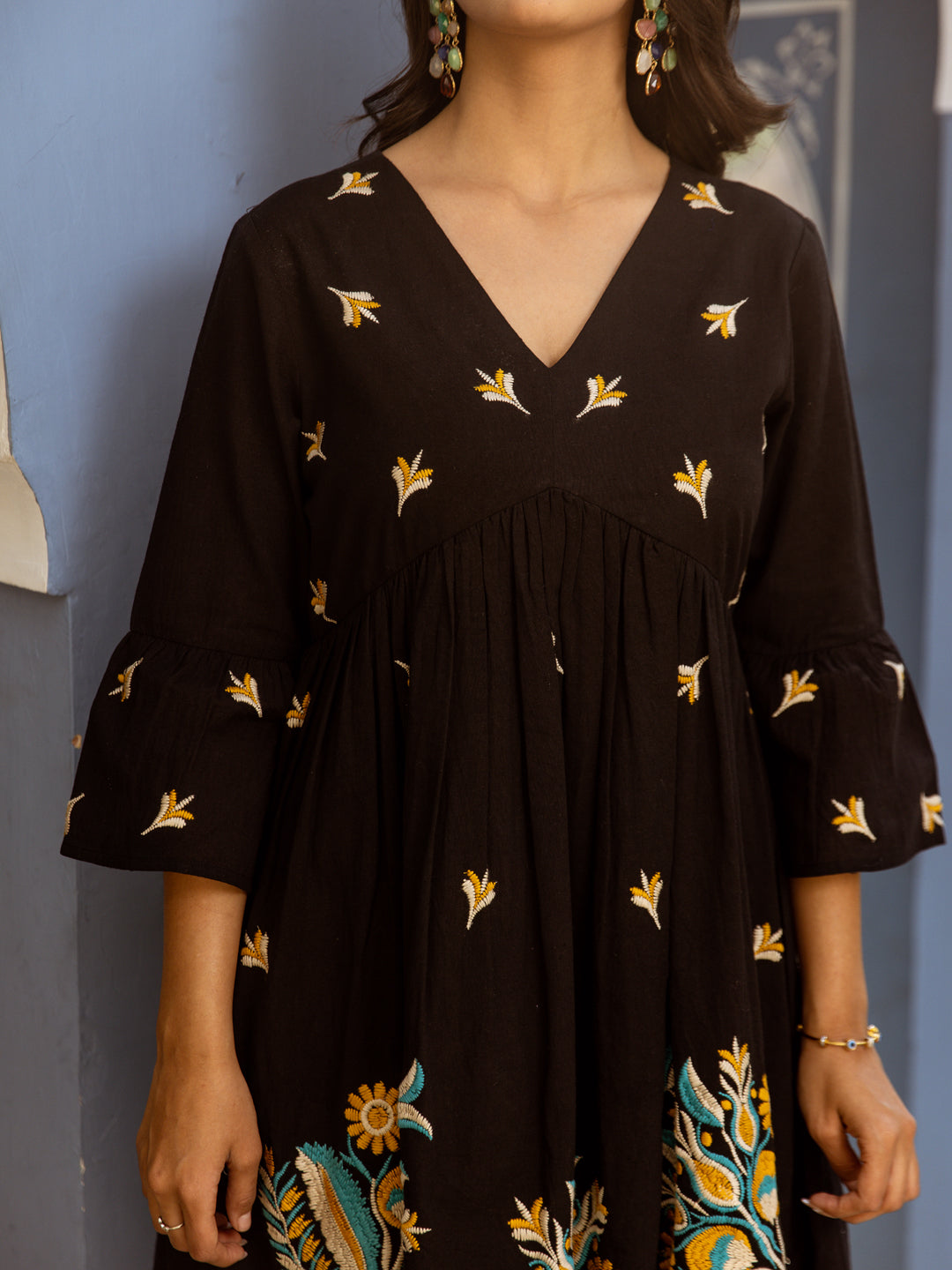 Cotton Black Embroidered Empire Short Dress