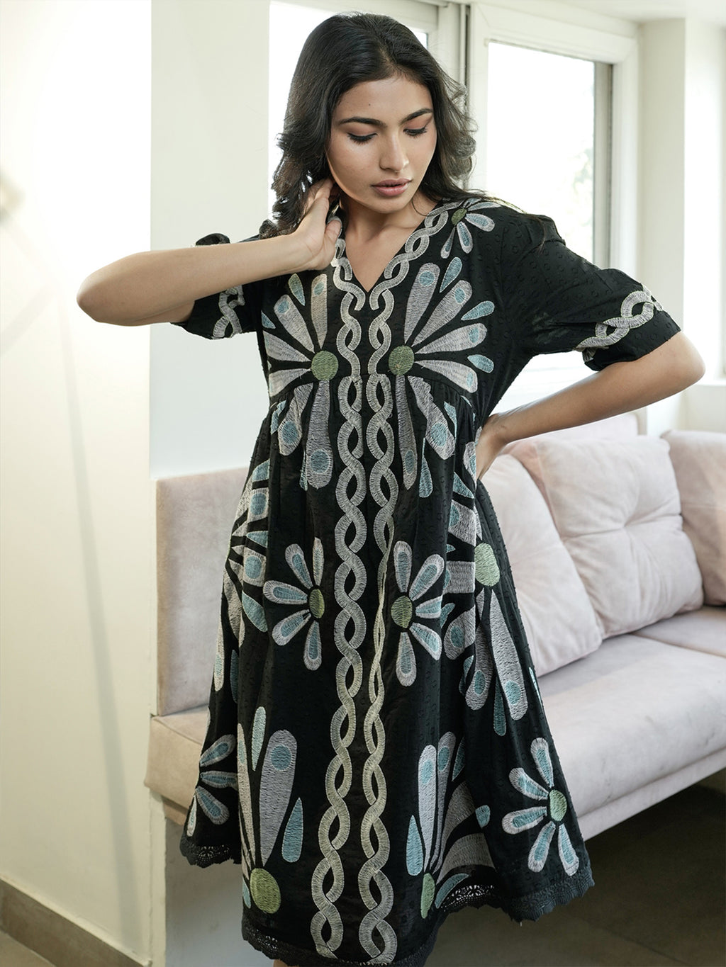 Cotton Black Embroidered Empire Knee Length Dress