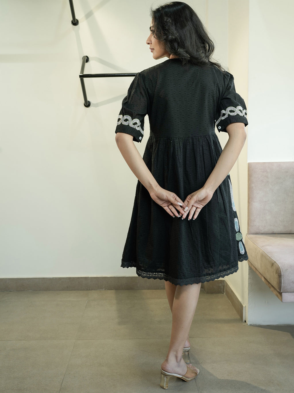 Cotton Black Embroidered Empire Knee Length Dress