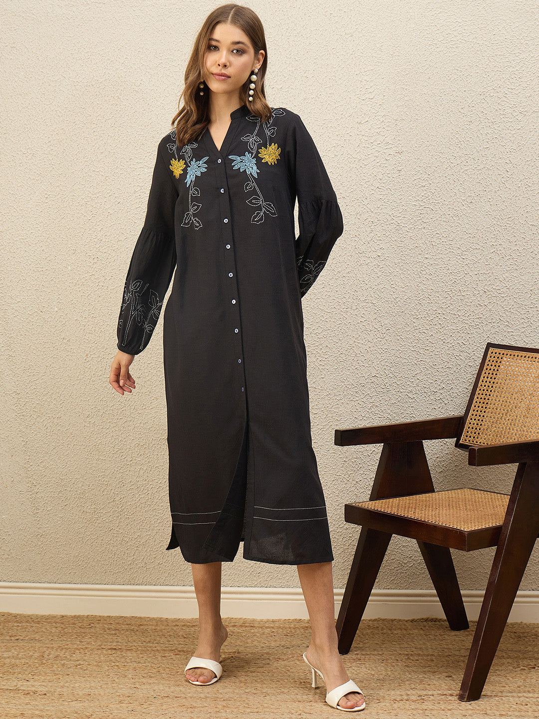 Floral Embroidered Puff Sleeve Shirt Midi Dress