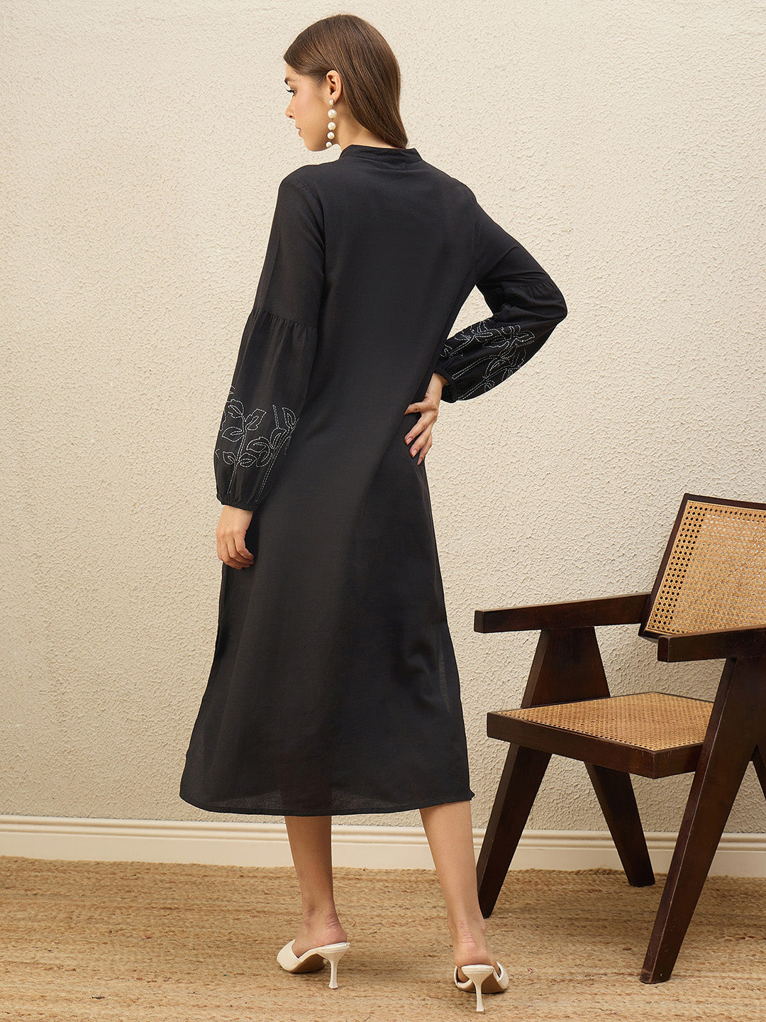 Floral Embroidered Puff Sleeve Shirt Midi Dress