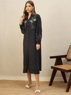 Floral Embroidered Puff Sleeve Shirt Midi Dress