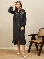 Floral Embroidered Puff Sleeve Shirt Midi Dress