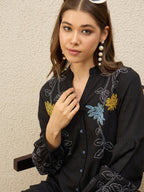 Floral Embroidered Puff Sleeve Shirt Midi Dress