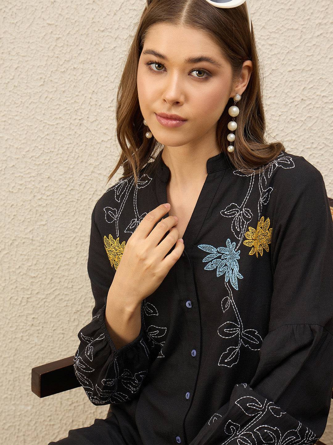 Floral Embroidered Puff Sleeve Shirt Midi Dress