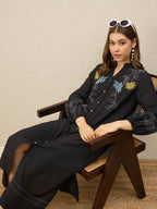 Floral Embroidered Puff Sleeve Shirt Midi Dress
