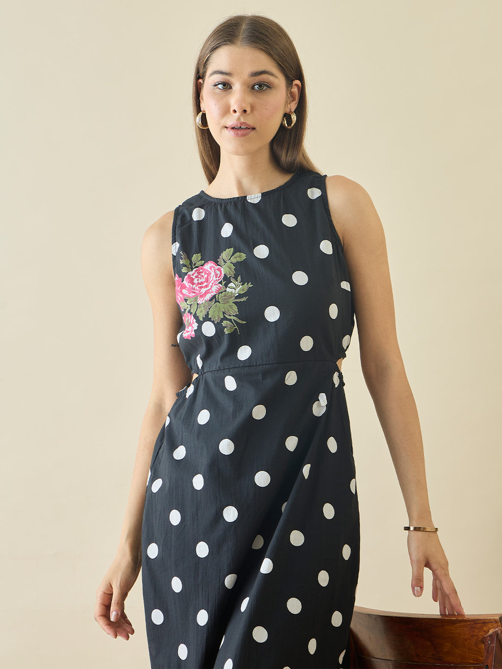 Cotton Black Polka Dot Printed Cut Out Dress