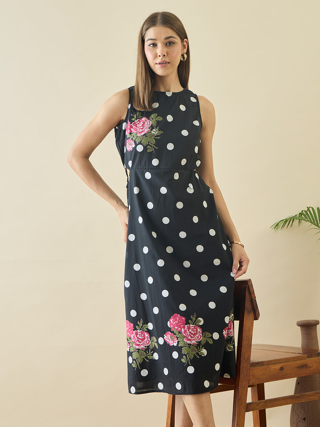Cotton Black Polka Dot Printed Cut Out Dress