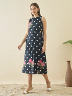 Cotton Black Polka Dot Printed Cut Out Dress