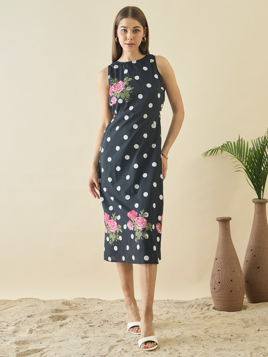 Cotton Black Polka Dot Printed Cut Out Dress