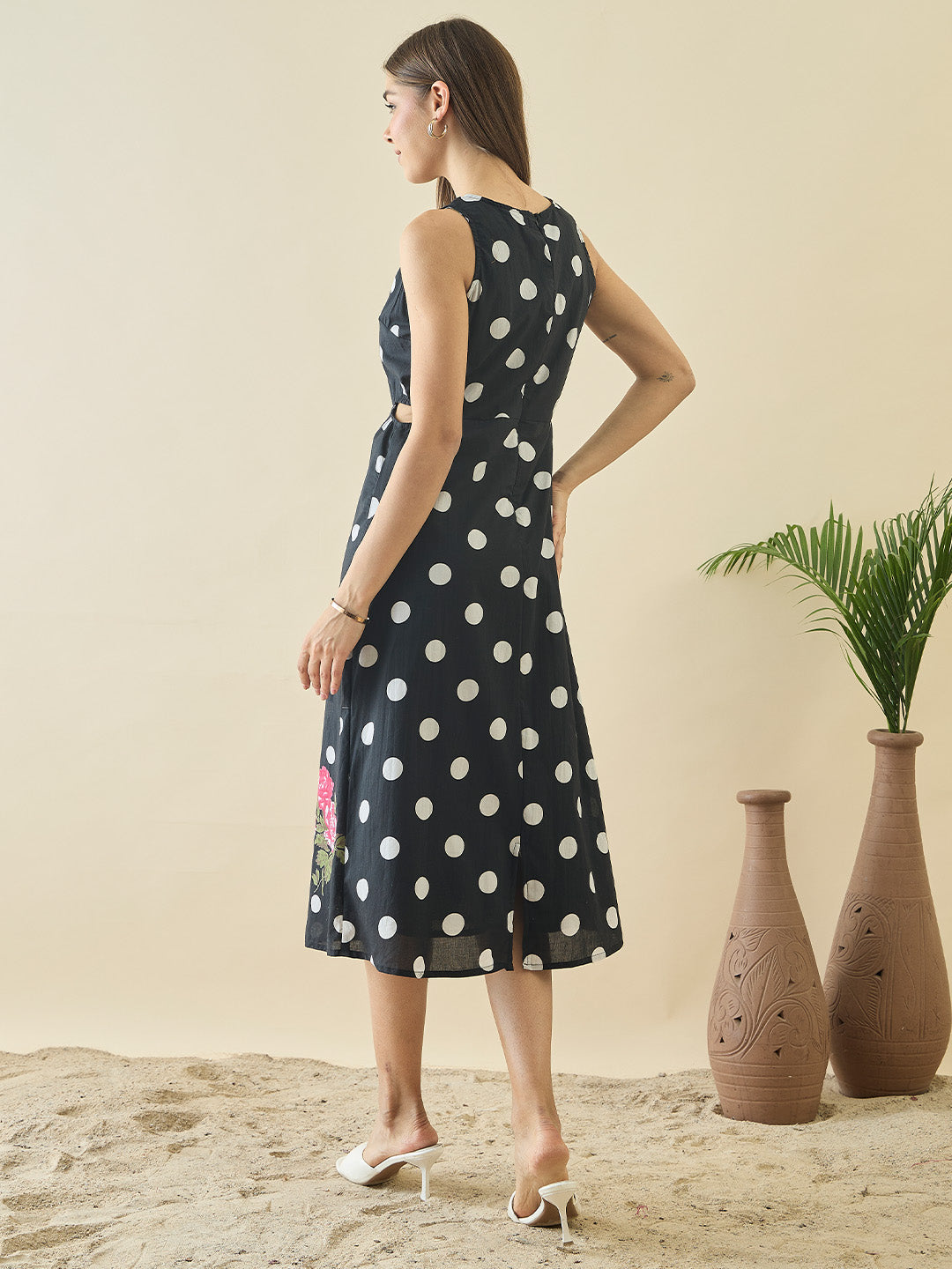 Cotton Black Polka Dot Printed Cut Out Dress